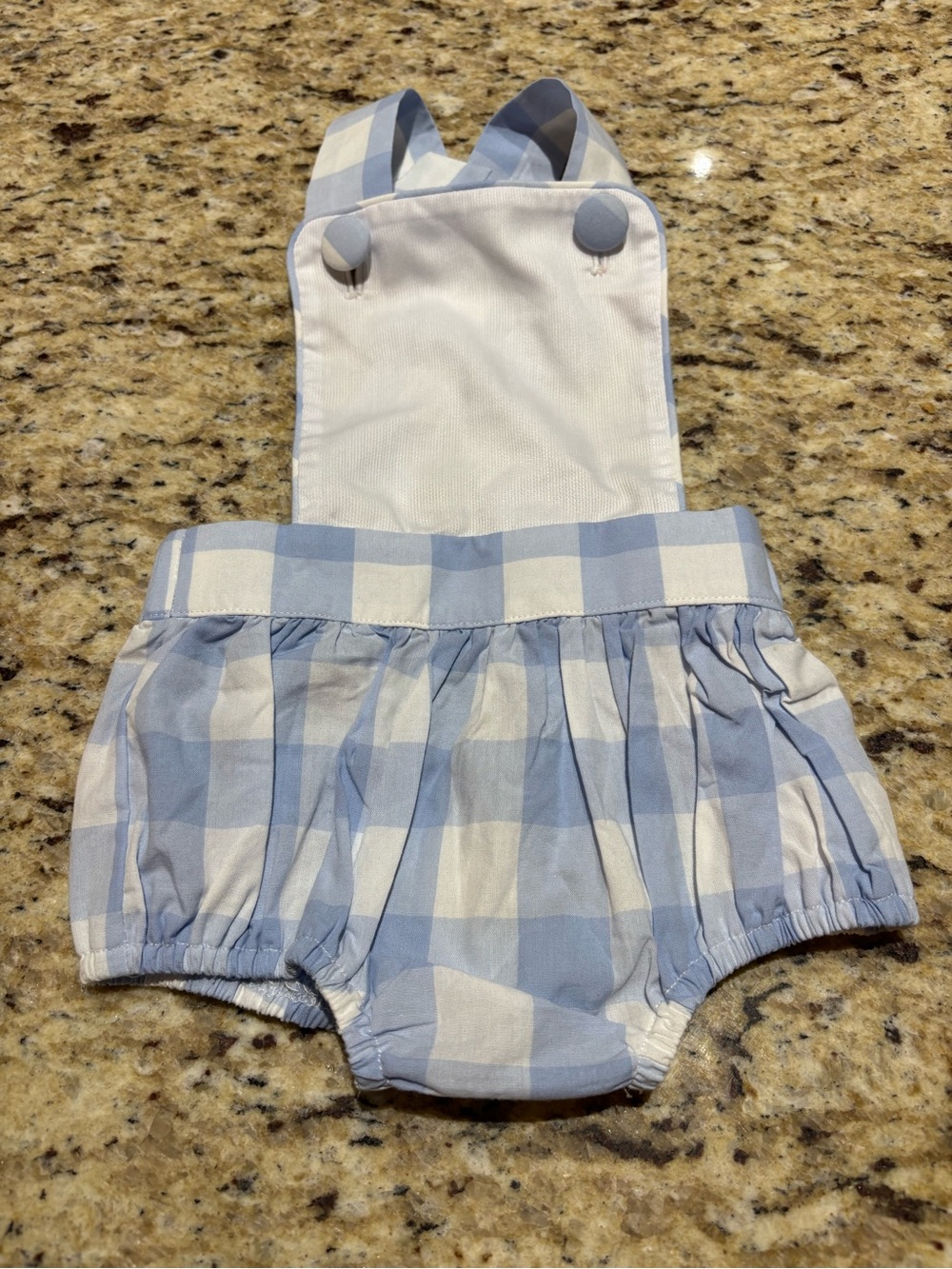 Blue and White Gingham Bubble Romper with Button Straps NWT